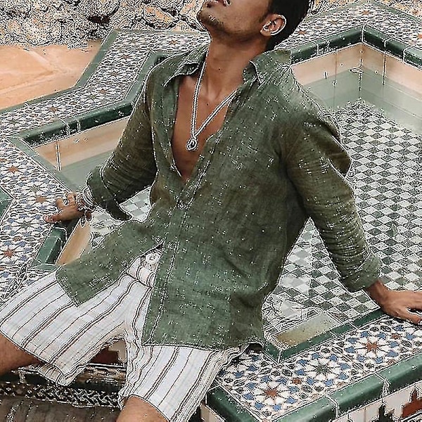 Herr långärmade skjortor Linne bomull knappar Strand Casual sommarskjortor Green XL