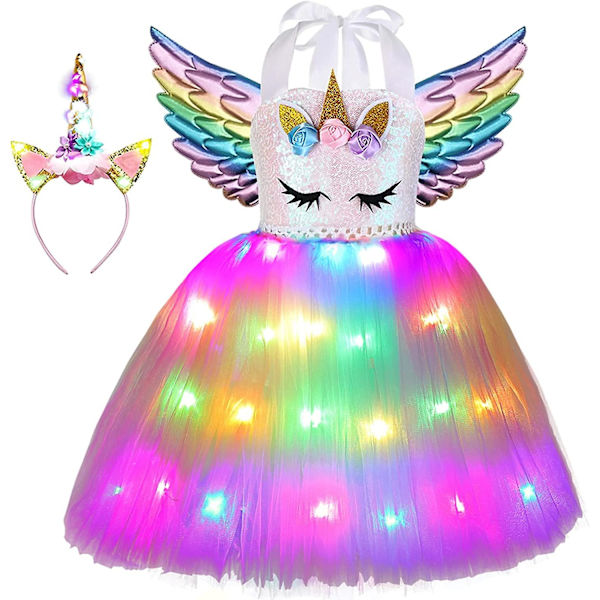 Enhörningsdräkt för flickor Led Light Up Tutu Dress Up Födelsedagspresenter Prinsessklänning till Halloweenfest Rainbow Led-sequins 2-3 Years