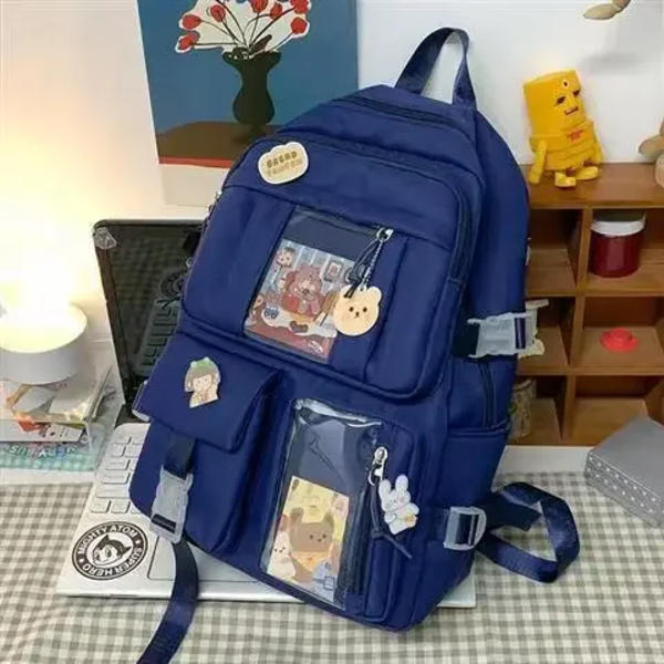Pläd Transparent PVC Kawaii Kontrast Färg Flickor College Fritid Kawaii Ryggsäck Stor Nylon Skola Ryggsäck För Flickor Pojkar Väska Blå