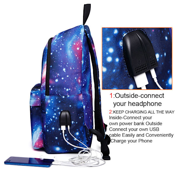 Starry Sky Ryggsäck USB Laddning Student Campus Skolväska