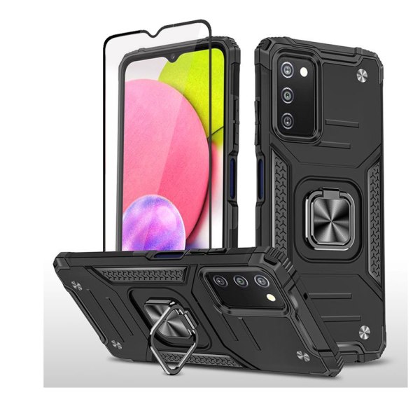 Xhy Samsung Galaxy A03S Case med skärmskydd Magnetisk ringhållare Kickstand Militärklass helkropp Dubbellagers fallskyddsmatta black
