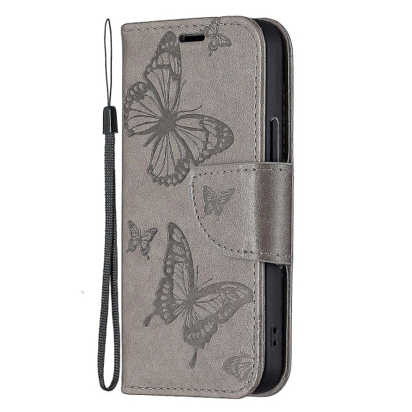 Imprint Butterfly Magnetisk stängning Läderställ Plånbok Case Fodral med rem för Iphone 13 Mini 5,4 tum - lila Grey