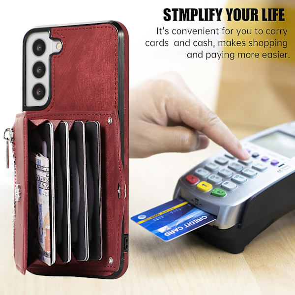 För Samsung Galaxy S22+ 5g Anti-fall phone case Rfid blockerande kortväska Pu Läder+tpu cover med stöd Red
