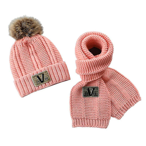 Barns 2 delar/set Scarf Hatt Stickad Scarf pink color