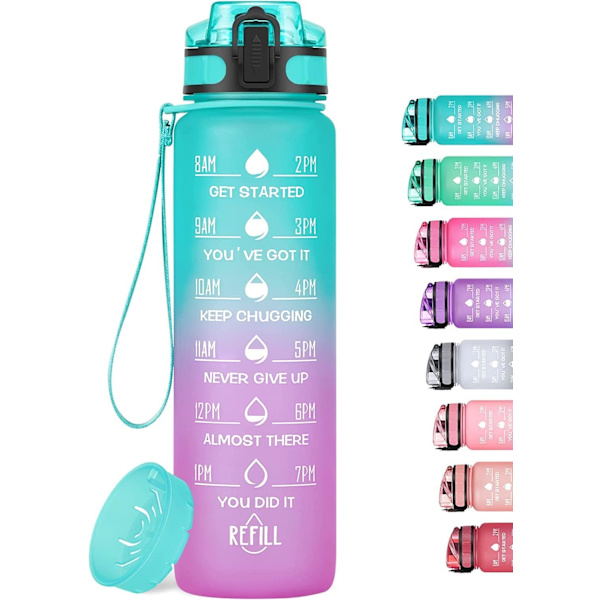 1000 ml motiverande vattenflaska med tidsmarkör, läckagesäker BPA-fri Tritan fruktsil dryckesflaska, idealisk för fitness, gym och utomhus Ombre: Mermaid