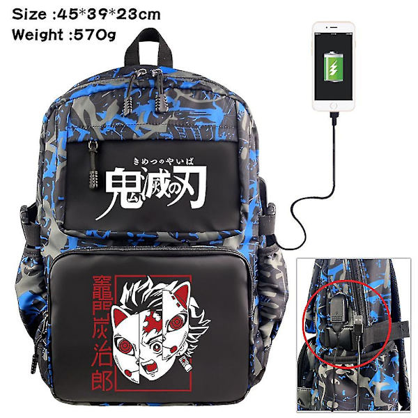 Demon Slayer Cartoon Student Pen Ryggsäck USB-laddningsport