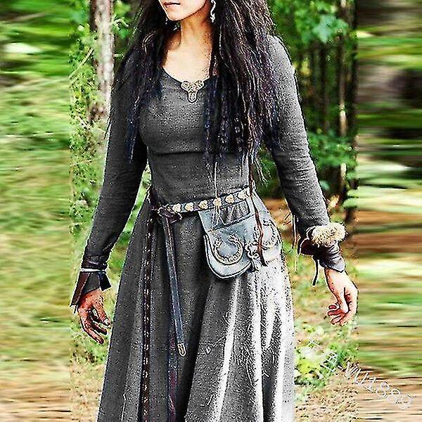 Medeltida klänning Kvinnor Långärmad Maxi Robe Vintage Fairy Elven Dress Renaissance Celtic Viking Gothic Kläder Fantasy Balklänning Grey L