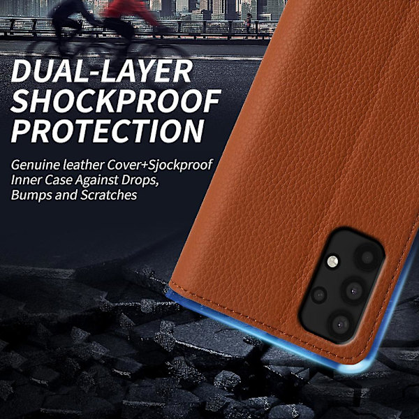 För Samsung Galaxy A33 5g äkta kohudsläder cover Fullt skydd Telefon Flip Case Light Brown