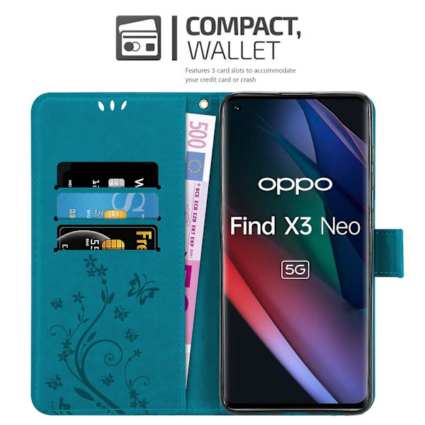 Oppo FIND X3 NEO Cover Case Case - med blommönster och stativfunktion och kortplats FLORAL BLUE FIND X3 NEO