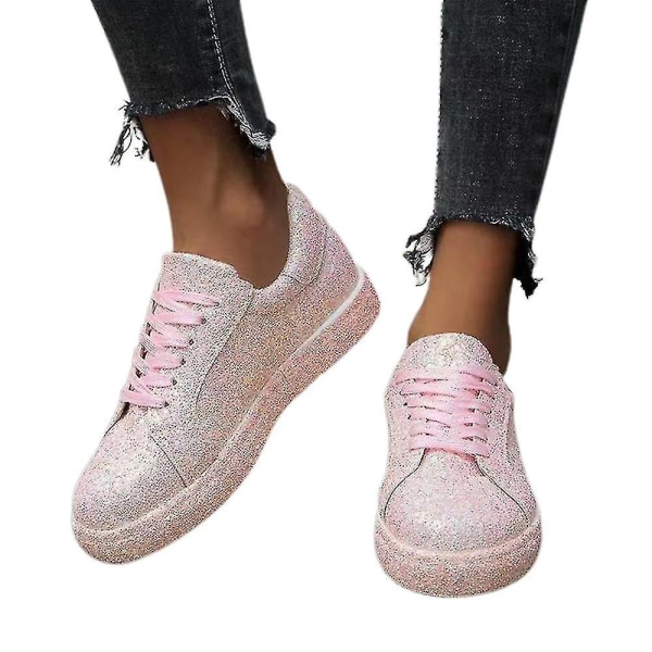 Kvinnor med snörning Glitter Sneakers Glitter Casual Jogging Sneakers Platta skor Pink 37