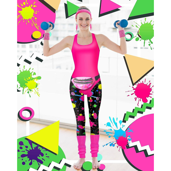 7 st 80-tals träningskostym 80- set 80-tals 90-tals Leotard Legging Pannband Armband Benvärmare Örhängen Fanny Pack Neon Style XX-Large