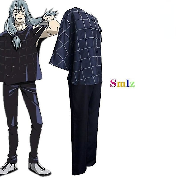 Mahito Cosplay Anime Jujutsu Kaisen Costume Mörkblå kortärmad skjorta Byxor Uniform Carnival Halloween Party Outfit S set and wig