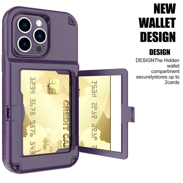 För Iphone 14 Pro Cardcase Series Kickstand Pc + Tpu Case Spegel Funktion Korthållare Förtjockat Cover Light Purple none