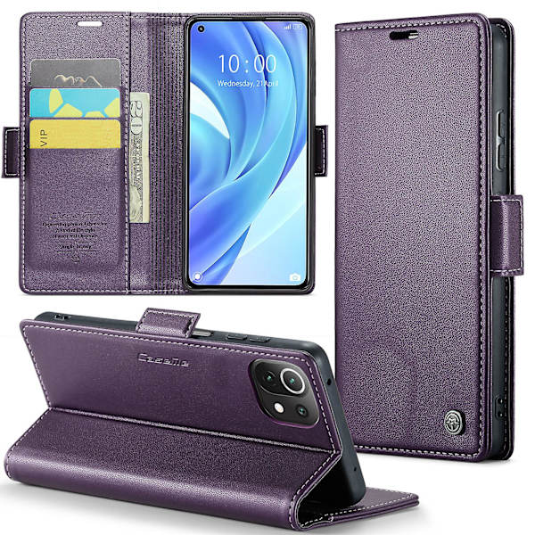 Caseme 023 Series Case För Xiaomi Mi 11 Lite 4g / 5g / 11 Lite 5g Ne , Pu Läder Litchi Texture Stand Rfid Blocking Phone Cover Purple