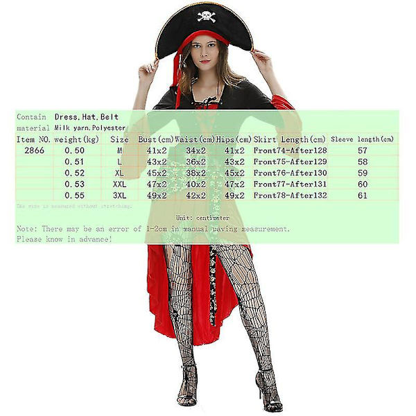 Vuxen piratdräkt kvinnor, kvinnlig piratdräkt vuxen, dam piratdräkt, Halloween piratdräkt med strumpor S