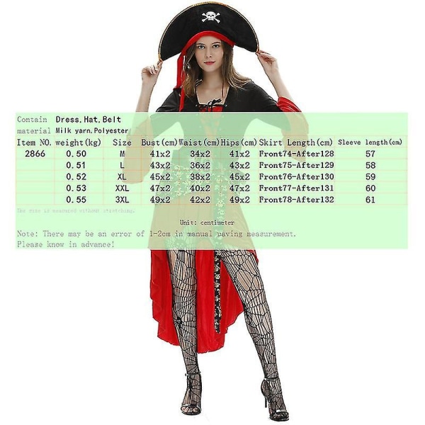 Vuxen piratdräkt kvinnor, kvinnlig piratdräkt vuxen, dam piratdräkt, Halloween piratdräkt med strumpor XL