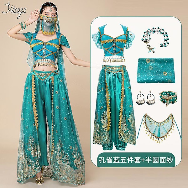The Movie Aladdin Cosplay Princess Cosplay Jasmine Naomi Scott Grön Blå Klänning Kostym Vuxen Kvinnor Kvinna Halloween Carnival XS