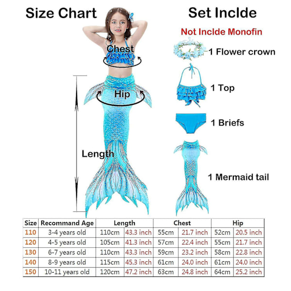 Barn Flickor Mermaid Tail Bikini Set Badkläder Baddräkt Simning Kostnad Inklusive Garland Pannband Färg 13 4-5 år
