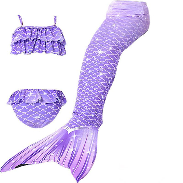 Sommarflicka sjöjungfru stjärt med monofin Halloween kostym prinsessa klänning baddräkt bikini badkläder för simning V 150cm(11-12T) 3PCS without fins14