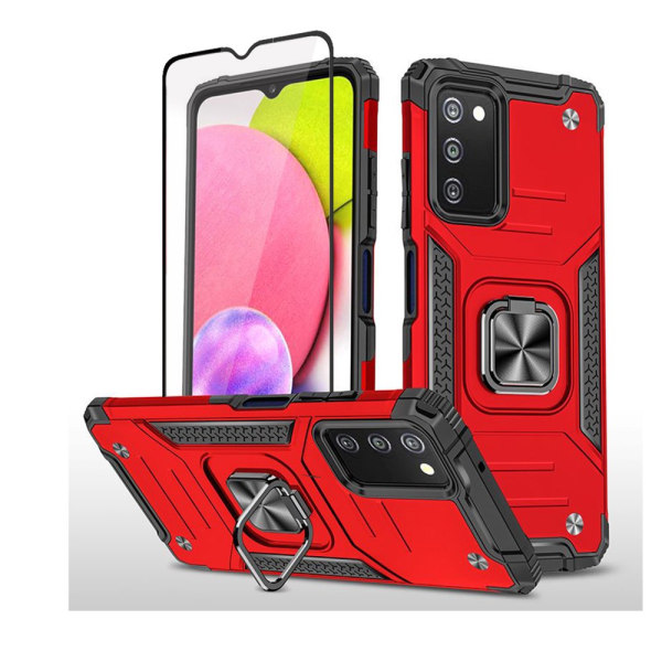 Xhy Samsung Galaxy A03S Case med skärmskydd Magnetisk ringhållare Kickstand Militärklass helkropp Dubbellagers fallskyddsmatta red