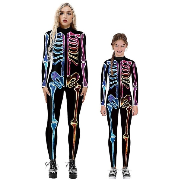 Halloween-skelettdräkt för barn och vuxna, bekväm Onesie Jumpsuit Colorful S