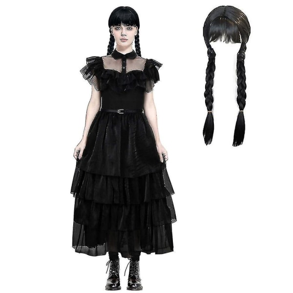 Onsdag Addams Dam Barn Flickor Kostym Tyll Bälte Gotisk Svart Klänning Halloween Cosplay Fest Kostym Peruker L (Adult) Dress and Wig