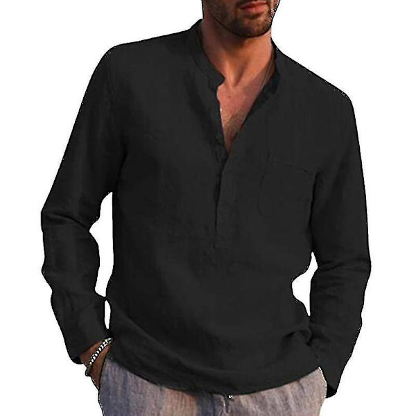 Herr långärmade skjortor Linne bomull knappar Strand Casual sommarskjortor Black M