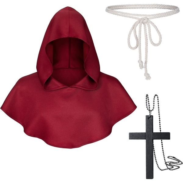 Revengers Medieval Renaissance Monk Friar Priest Wizard Cloak Hooded Robe Cosplay Bälte Halsband Set Red Medium