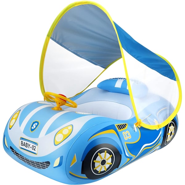 Swimbobo Toddler Uppblåsbar bil Baby med justerbart soltak och säkerhetssits Poolleksaker för barn Blue Sport Car