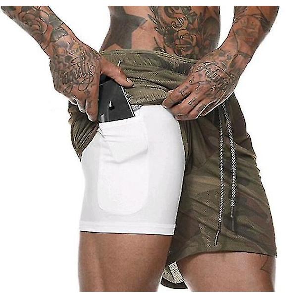 Herr 2 i 1 träningslöparshorts med blixtlåsförsedda fickor dark green M