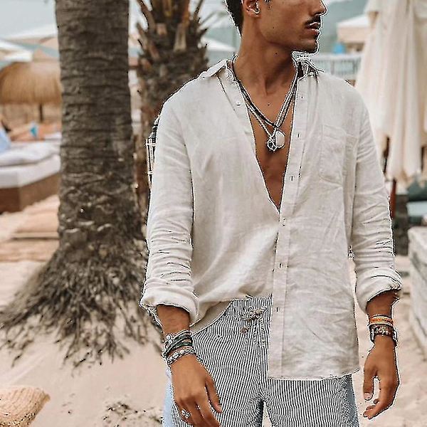 Herr långärmade skjortor Linne bomull knappar Strand Casual sommarskjortor White 2XL