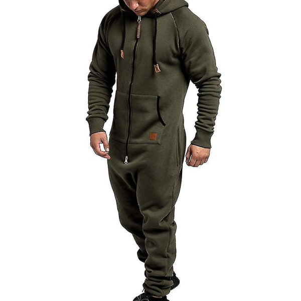 Men Onesie Hoodie Zip Jumpsuit Winter Casual Hooded Romper Playsuit army green l