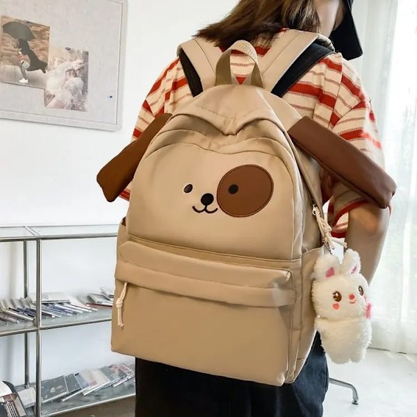 Harajuku Skolväska Kvinnors Söt Hund Student Ryggsäck Mode Tecknad Flicka Ryggsäck Stor Kapacitet Student Skolväska svart med docka
