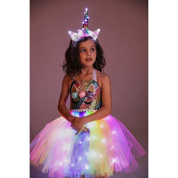 Enhörningsdräkt för flickor Led Light Up Tutu Dress Up Födelsedagspresenter Prinsessklänning till Halloweenfest White Led-rainbow Sequins 4-5 Years