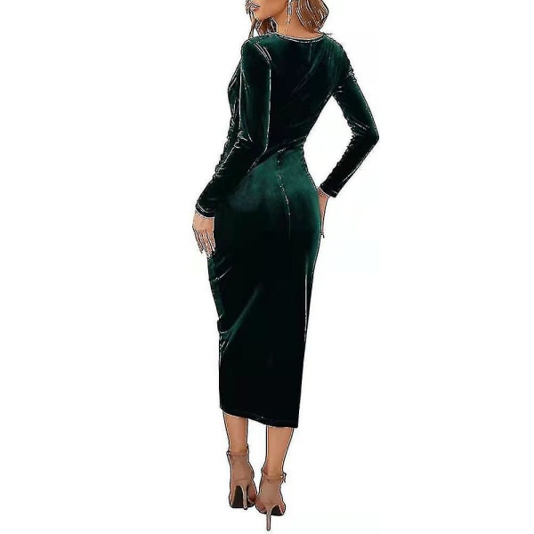 Elegant sammet långärmad omlott V-hals Ruched Bodycon festklänning för kvinnor Green M