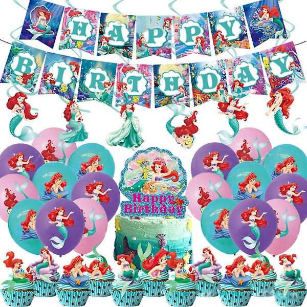 Prinsessan Ariel sjöjungfrutema Födelsedagsfest dekoration och set som inkluderar grattis på födelsedagen banner, tårta/cupcake topper, ballong, hängande swir null none