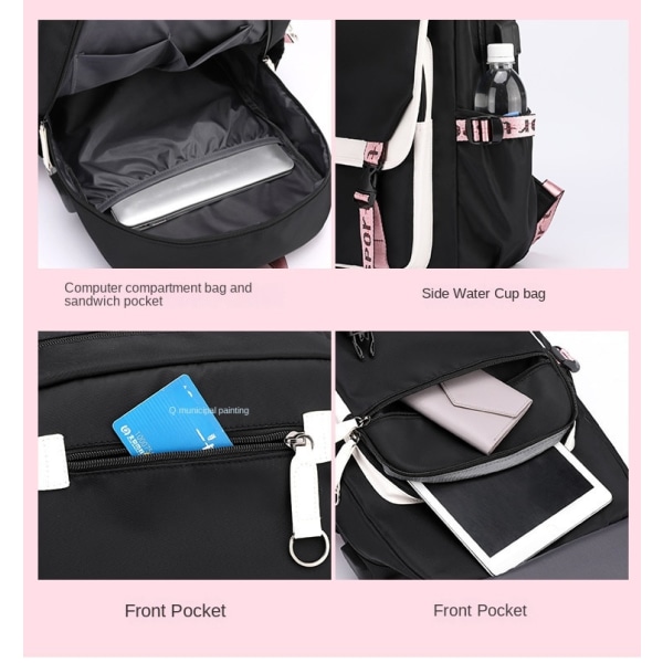 Kulomi ryggsäck Studentryggsäck Figur B svart rosa