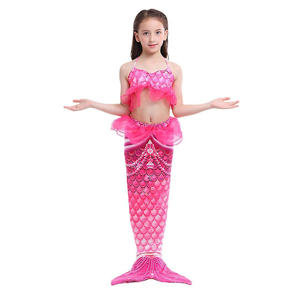 Flickor Ruffel Badkläder Crop Top Trosor Mermaid Tail 3st Set Baddräkt Strandkläder Rose Red 7-8 Years