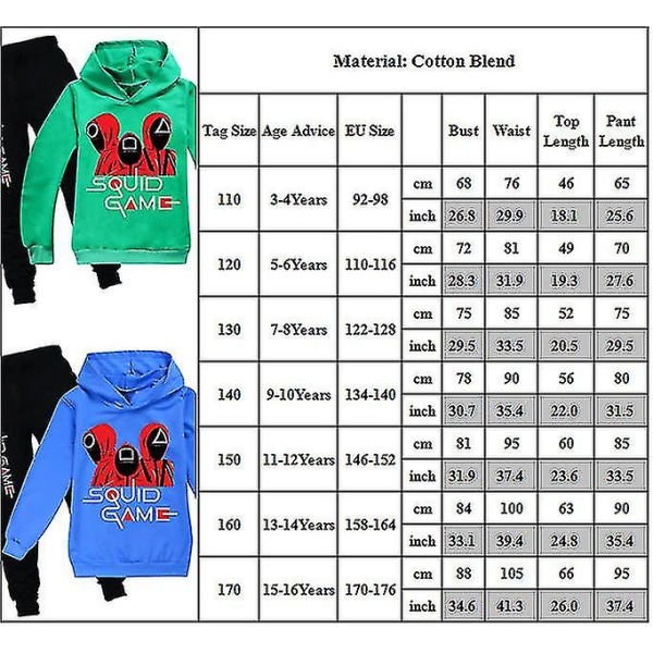 Squid Game Kids Sport Träningsoverall Set Hoodie Byxor Outfit Kläder Unisex 11-12Years Green