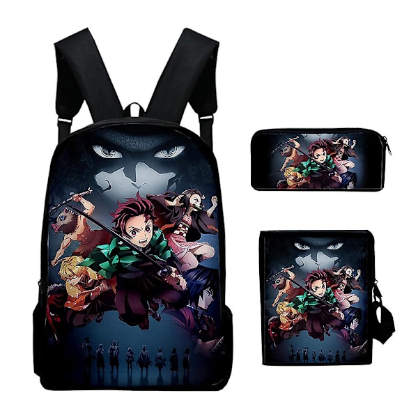 3st/ set Japan Anime Demon Slayer Studenter Pojkar Flickor Skolväska Ryggsäck Barn Tonåring Tecknad Oxford Vattentät skolväska Sky blue 18 inches