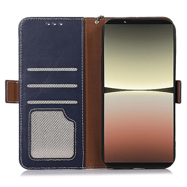 Timubike phone case i äkta kohud för Sony Xperia 1 V Crazy Horse Texture Rfid Blockeringsställ Plånboksskal Blue