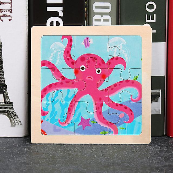 11x11cm Träpussel för barn Tecknad Djurtrafik Tangram Träpusselleksaker Pedagogiska sticksågsleksaker för barn Presenter C Octopus