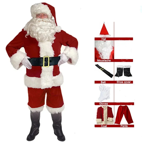 Jultomte Cosplay Kostym Jul Nyår Män Förklädnad Deluxe Klassisk Vuxna Set Karneval Semesterfest Rollspel Juldräkt One Size 7PCS