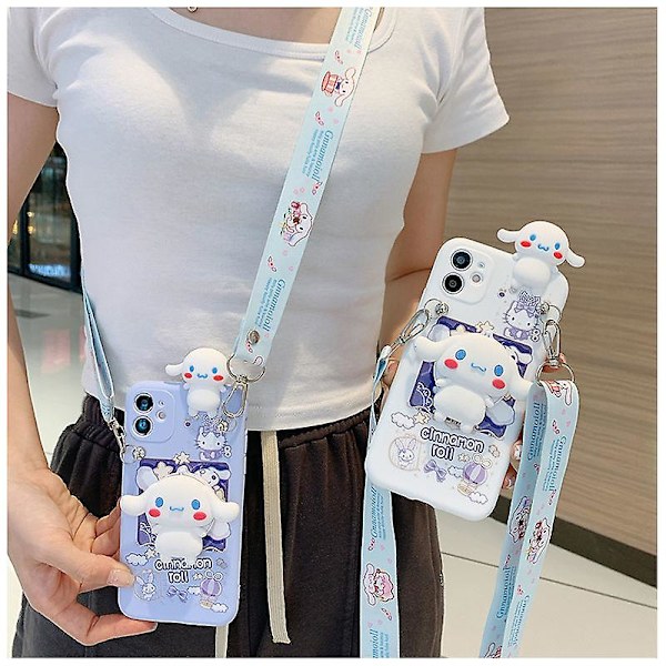 Sanrio Cinnamoroll 3d case för Iphone 14 13 12 11 Pro Max X Xr Xs 7 8 Plus Söt hundbandsbygel Cartoon Cover Lanyard Mirror and Rope 1 For iPhone 12