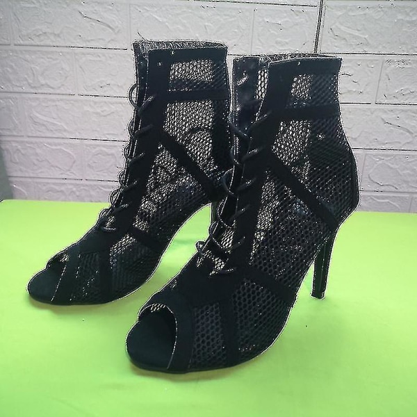 Gratis frakt En's High Top Dance Shoes Black Ballroom Boots Salsa Tango Shoes Girl Fashion Party Mesh Cutout High Heel Sandals Sommar 39