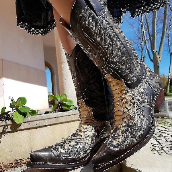 Python Western Boot Colorblock Broderi Herr Stövlar Mode Moderna Skor 48
