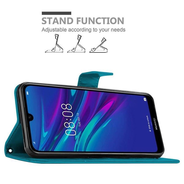 Huawei Y6 2019 Sleeve Cover Case Case - med blommönster och stativfunktion och kortplats FLORAL BLUE Y6 2019