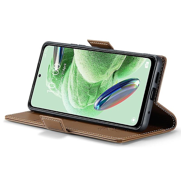 Caseme 023-serien för Xiaomi Redmi Note 12 5g (kina) / (indien) / (global) / Poco X5 5g Litchi Texture Rfid Blockerande case Läder Sta Brown
