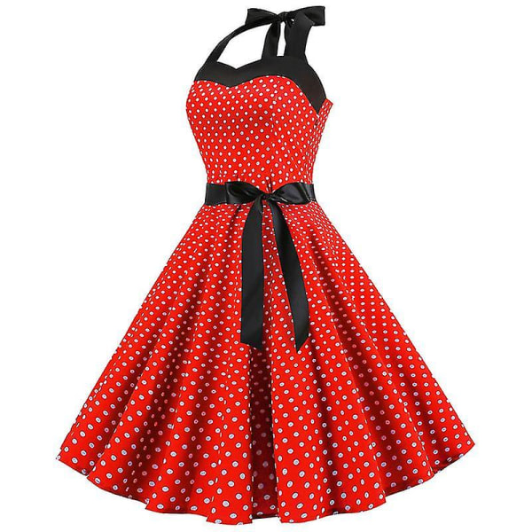 Sexig Retro Röd Polka Dot Klänning Audrey Hepburn Vintage Halter Klänning 50-talet 60-talet Gothic Pin Up Rockabilly Dress Robe L