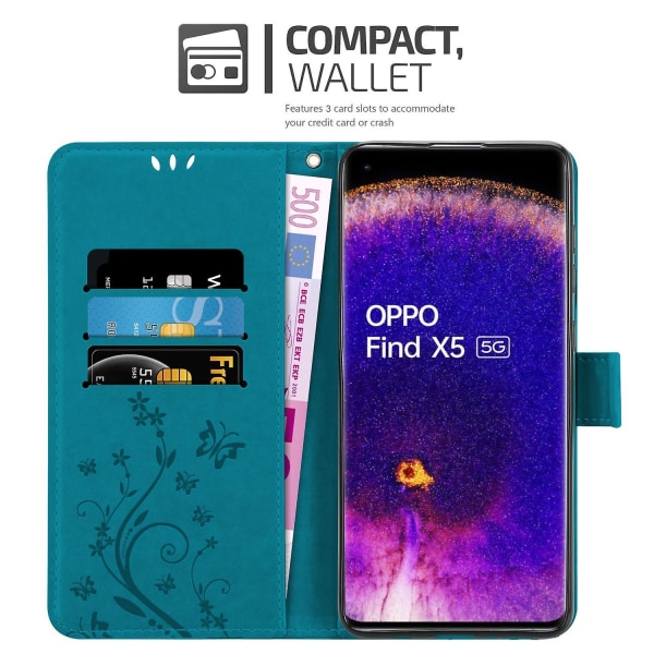 Oppo FIND X5 Cover Case - med blommönster och stativfunktion och kortfack FLORAL BLUE FIND X5